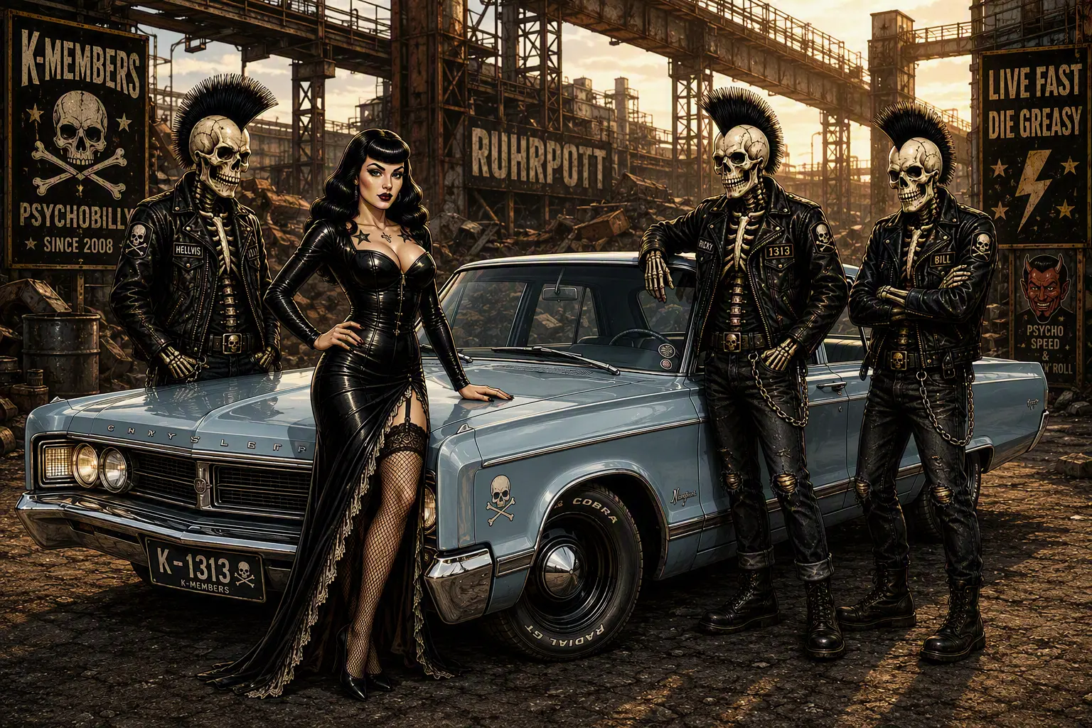 The K-Members with Ghost Minx in front of a Chrysler in the Ruhr Area